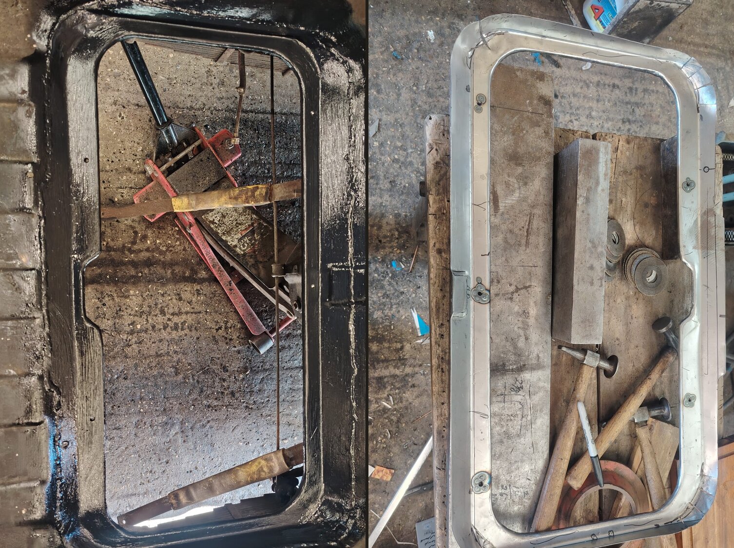 Austin A40 fuel tank surround: the corroded aperture beside the new part made up