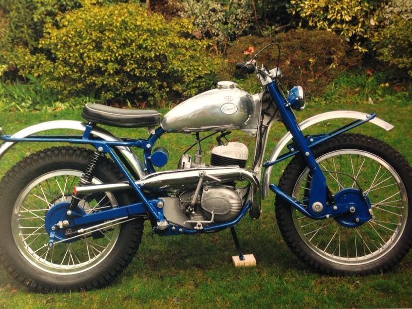 Restored trials motorcycle outside in the garden